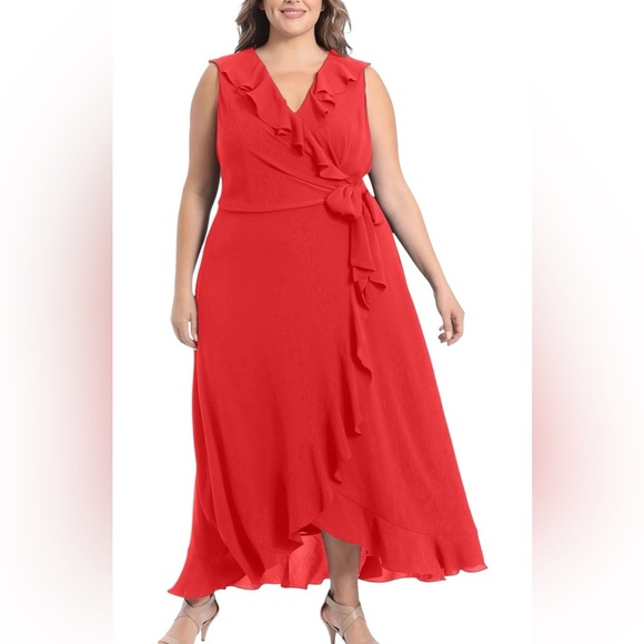 London Times Woman Red Coral Ruffle Wrap Maxi Dress - Size 18W - Picture 1 of 12